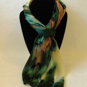 Hand Painted Silk Scarf Green Cream Amber Brown Abstract Rectangle Unique New